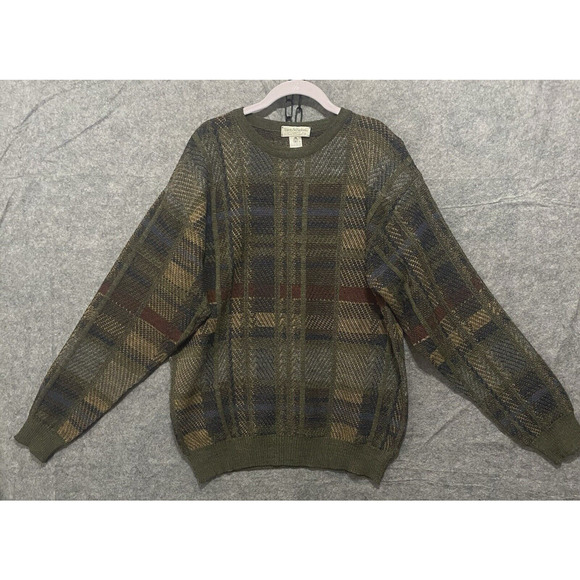 VTG Tricots‎ St Raphael Merino Wool Sweater Mens Sz L Green Plaid Pullover - Picture 1 of 6